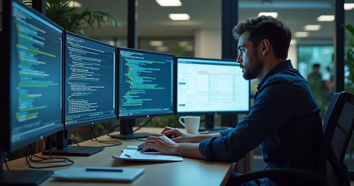 Profissional revisando relatórios e configurações de nuvem em duas telas 