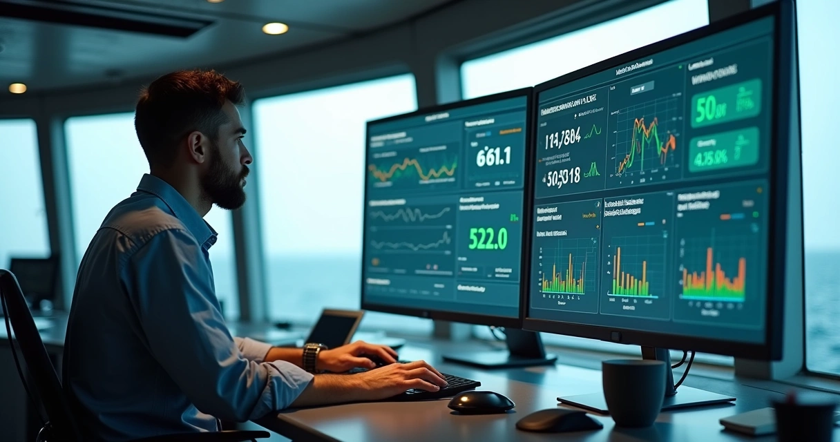 Auditor analisando documentação digital de treinamentos em plataforma offshore 