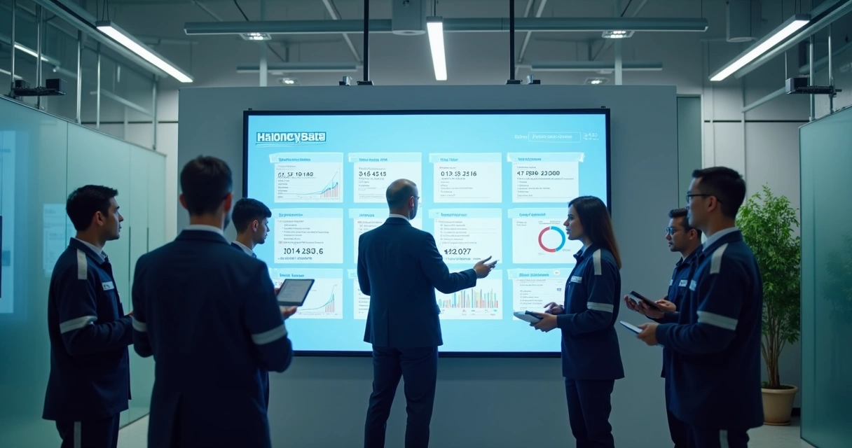 Gestor revisando ordens de serviço digitais em tela grande com equipe ao redor