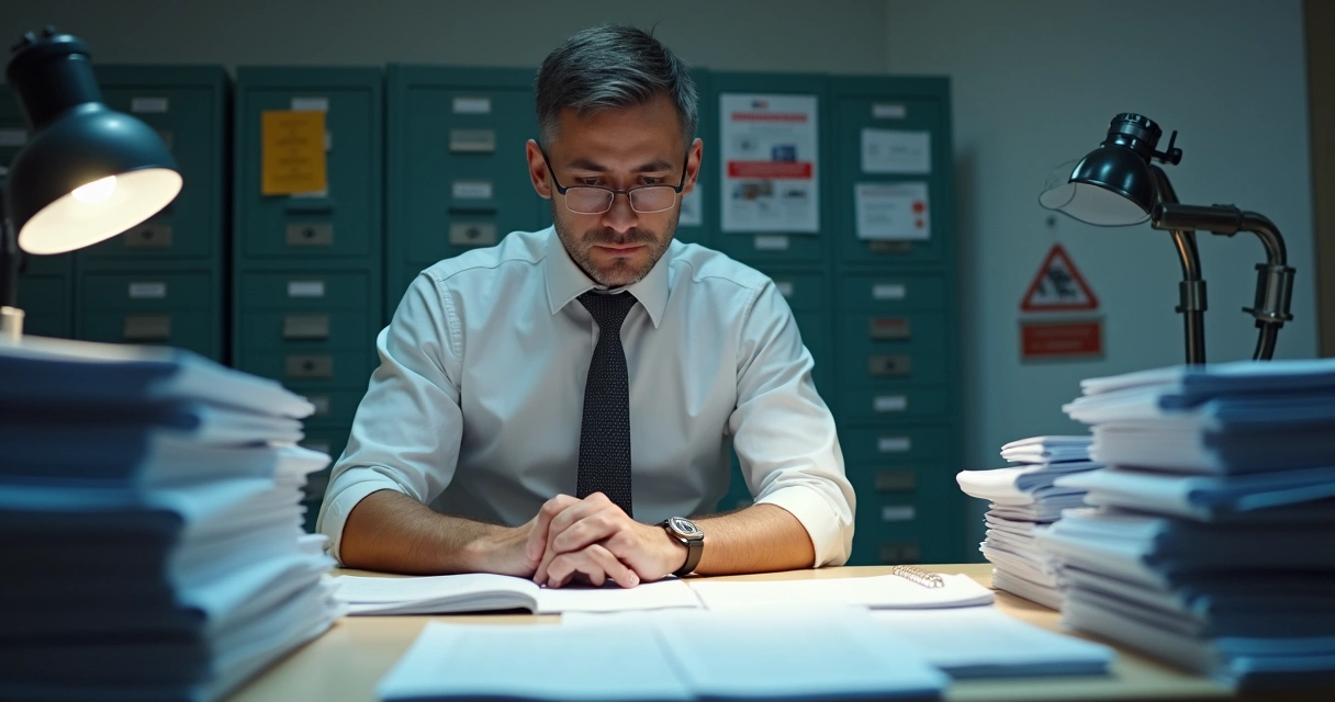 Auditor analisando pilhas de documentos de segurança do trabalho 