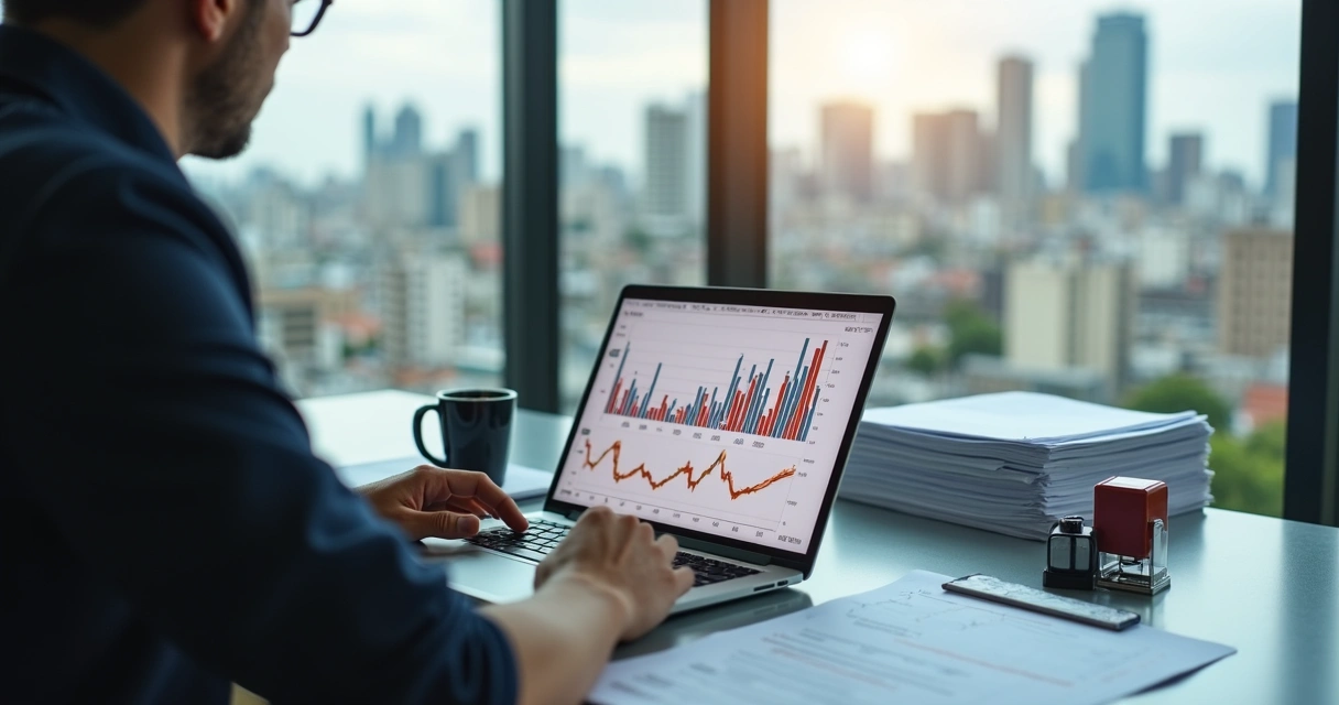 Profissional analisando documentos fiscais em escritório 