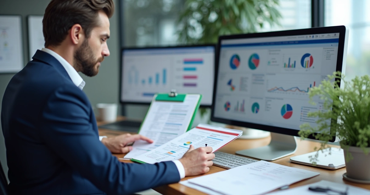 Auditor conferindo documentos de segurança do trabalho em escritório