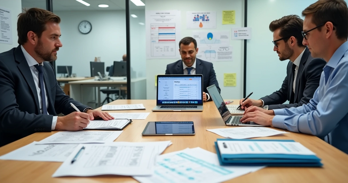 Equipe de auditoria revisando documentos de ponto eletrônico em sala de reunião 