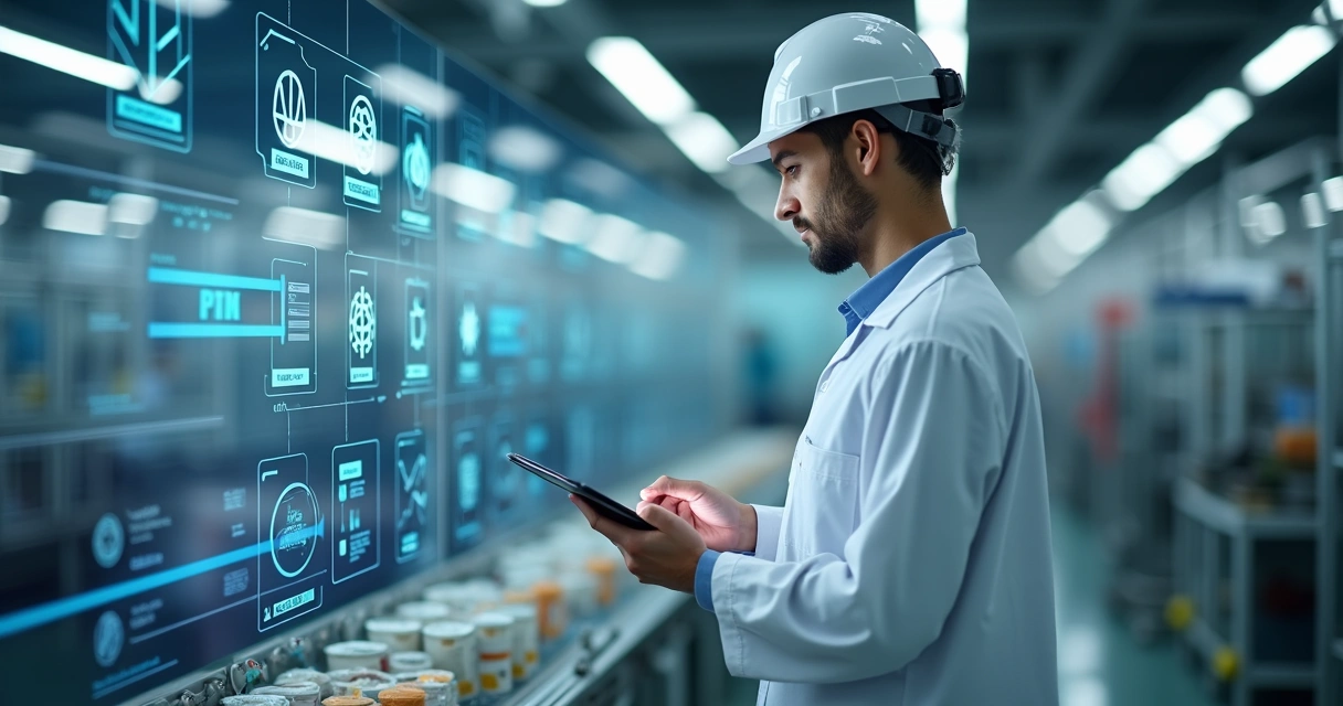 Auditor analisa registros digitais e documentos de POPs em ambiente industrial 