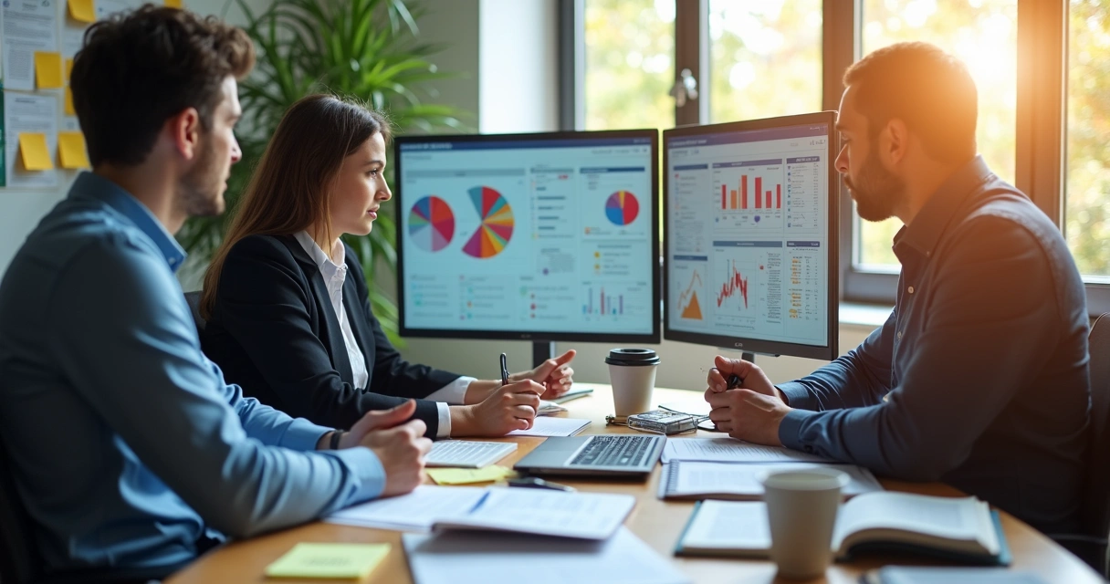 Colaboradores revisando práticas preventivas com relatórios em tela