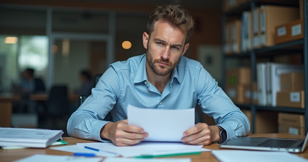 Auditor fiscal do trabalho analisando documentos na mesa. 