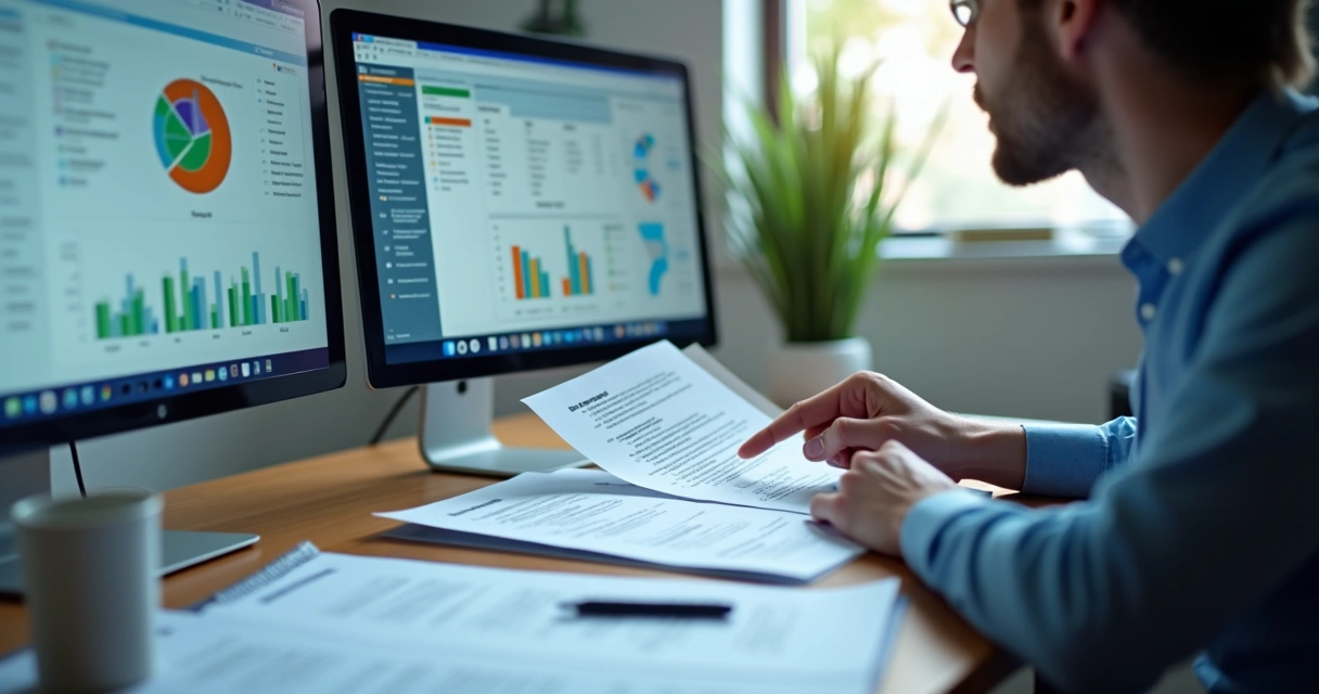 Profissional avaliando POPs e indicadores em um ambiente de auditoria organizacional 