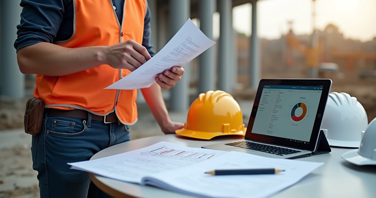 Profissional inspecionando registros técnicos e checklist de manutenção em canteiro de obras 