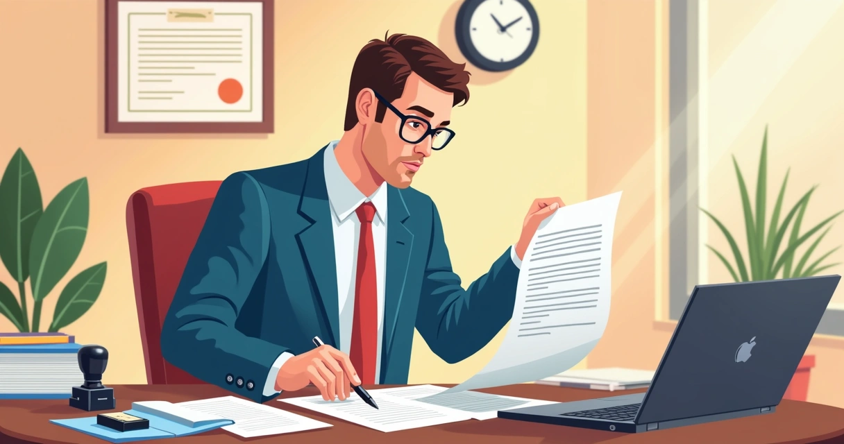 Auditor verifica documentos de contratação em um escritório 