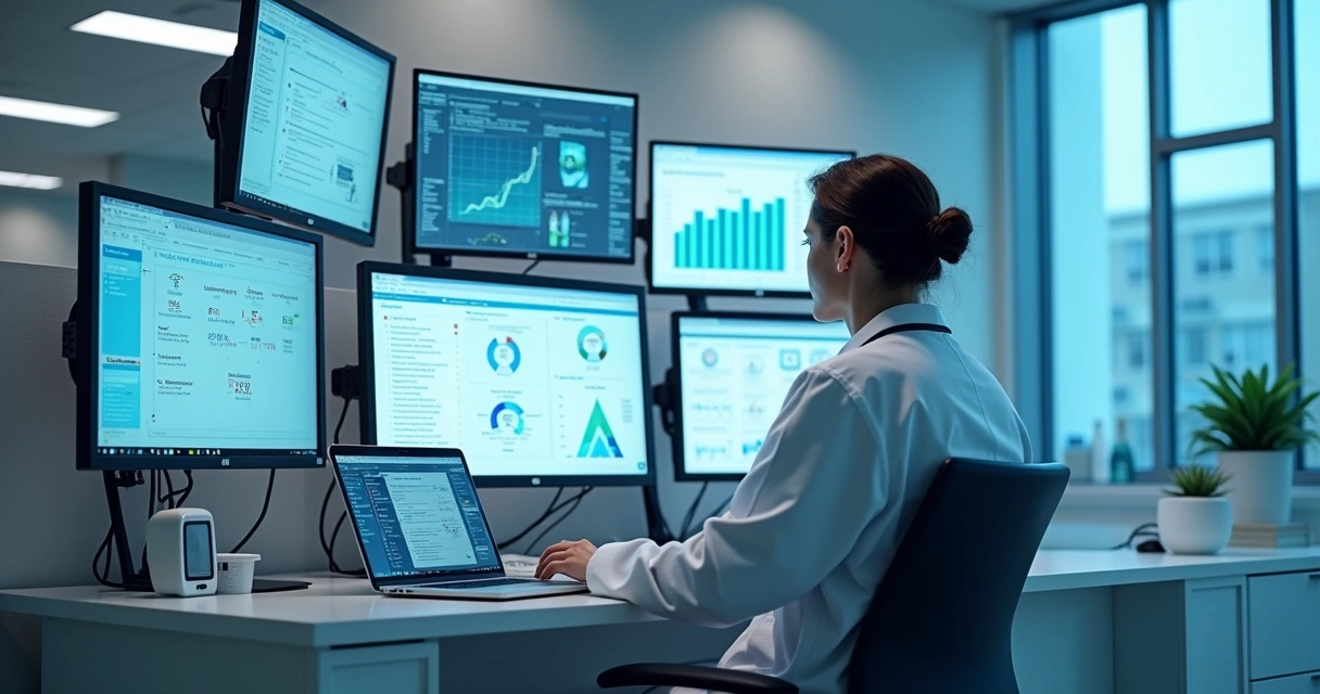 Profissional de saúde analisando relatórios digitais em um consultório moderno 
