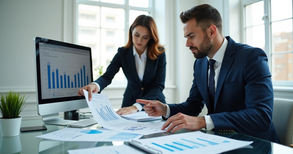 Equipe de auditoria analisando processos contábeis e documentos financeiros em uma sala de reuniões. 