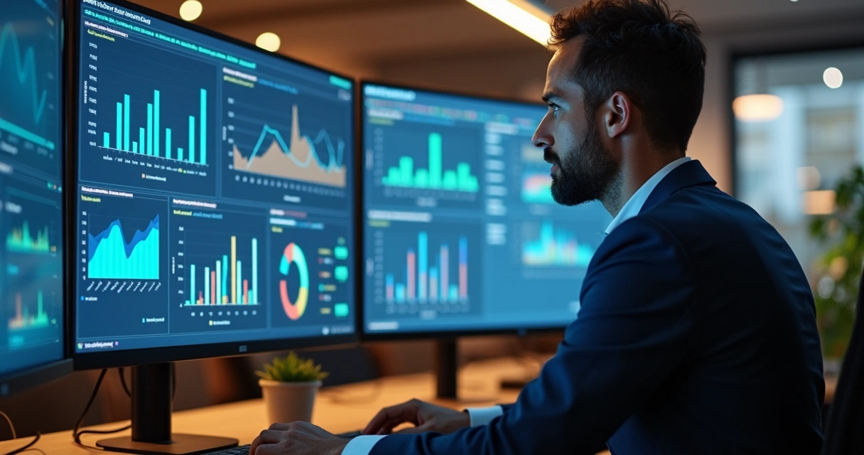 Profissional analisando relatórios de auditoria corporativa em monitor 