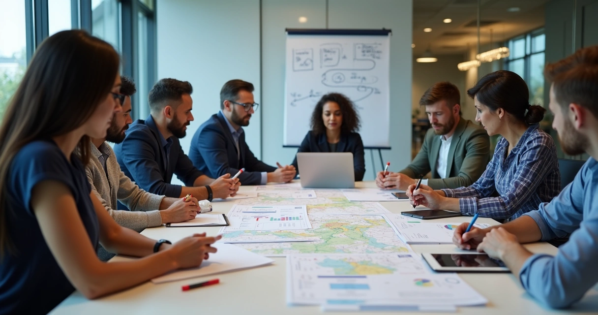 Equipe analisando processos financeiros em sala de reunião 