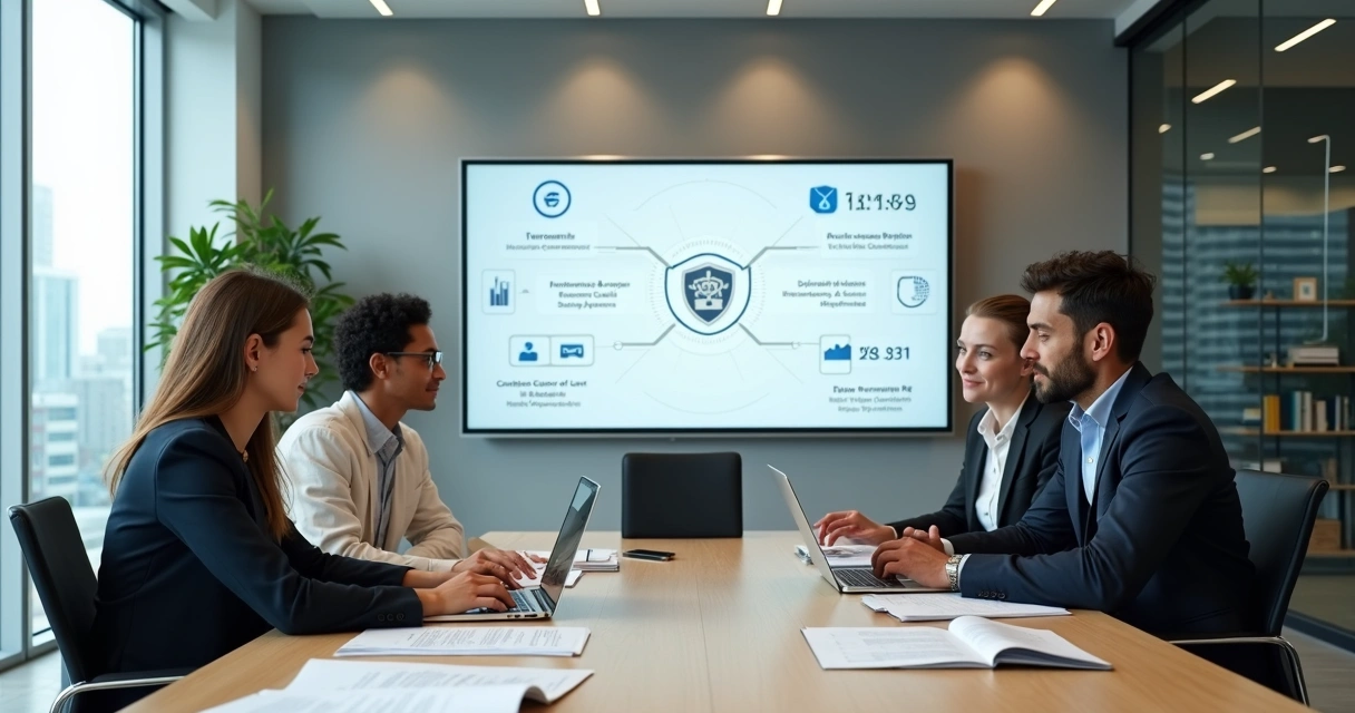 Gestores analisando documentos de propriedade intelectual em empresa de tecnologia 