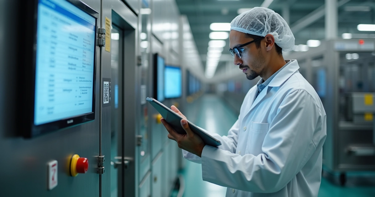 Auditor com tablet conferindo QR code em fábrica de alimentos 