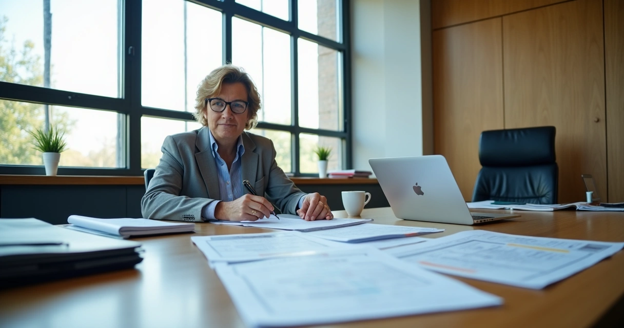 Auditor analisa documentos na sala de reunião da empresa 