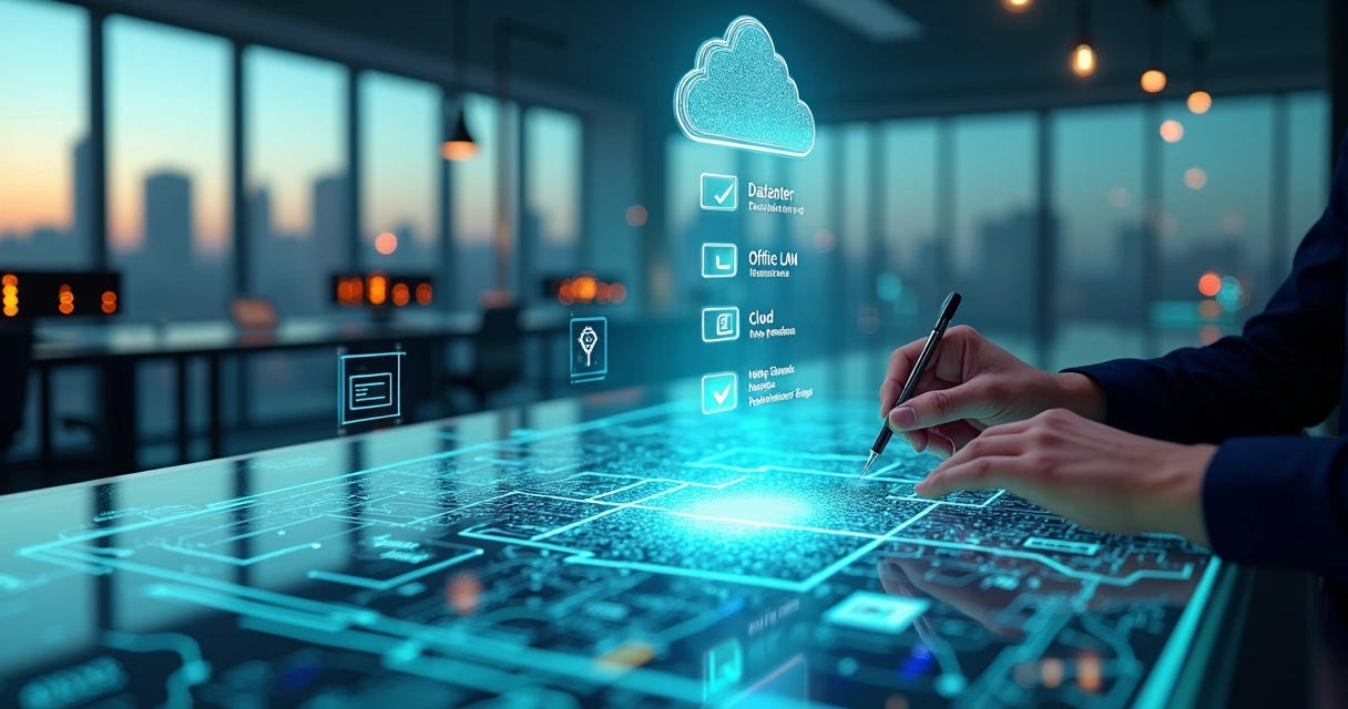 Rede corporativa mostrada como laboratório de auditoria com painel de checklist digital 