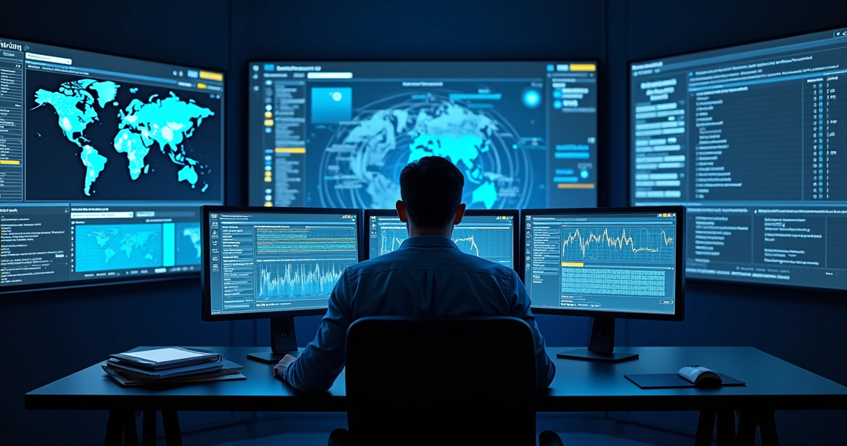 Profissional de TI auditando rede em múltiplas telas com gráficos e mapas de rede 