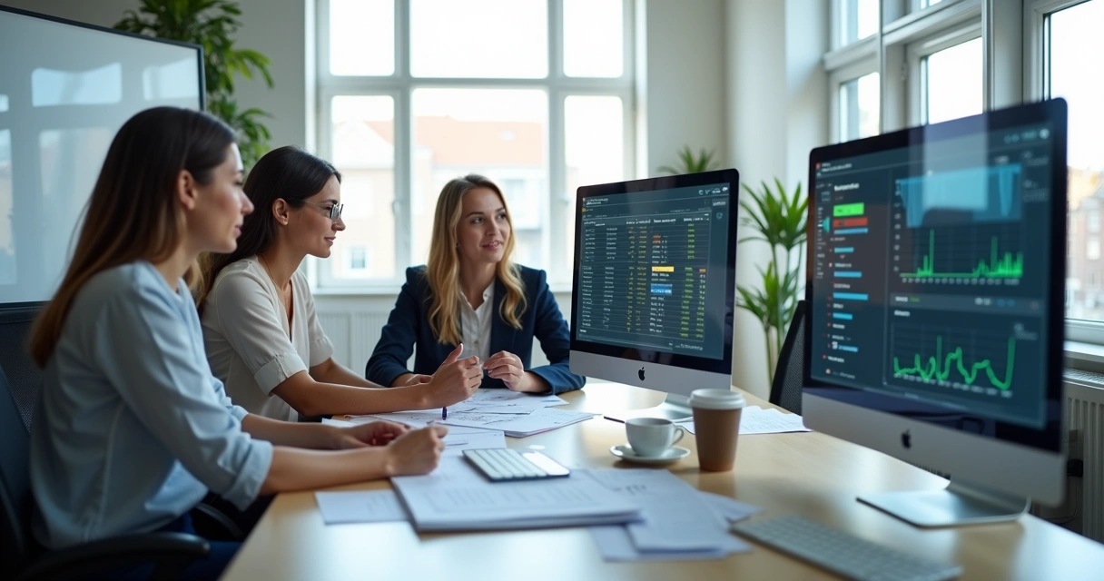 Equipe de RH analisando registros digitais de jornada em computadores 