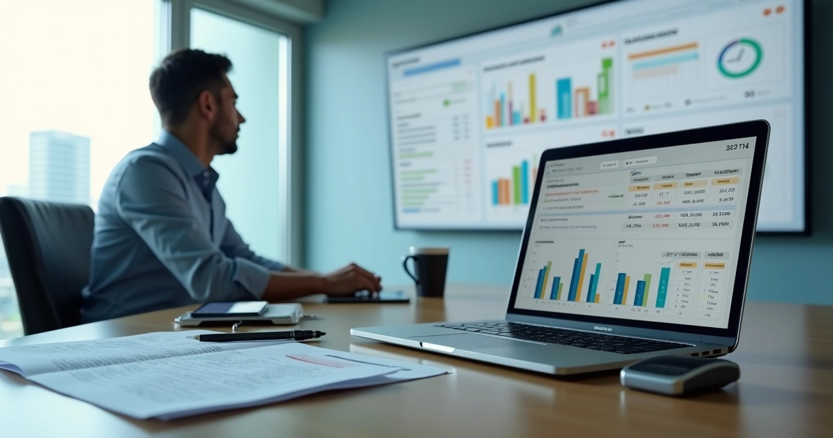 Gestor analisando relatórios de registro de ponto em escritório moderno 