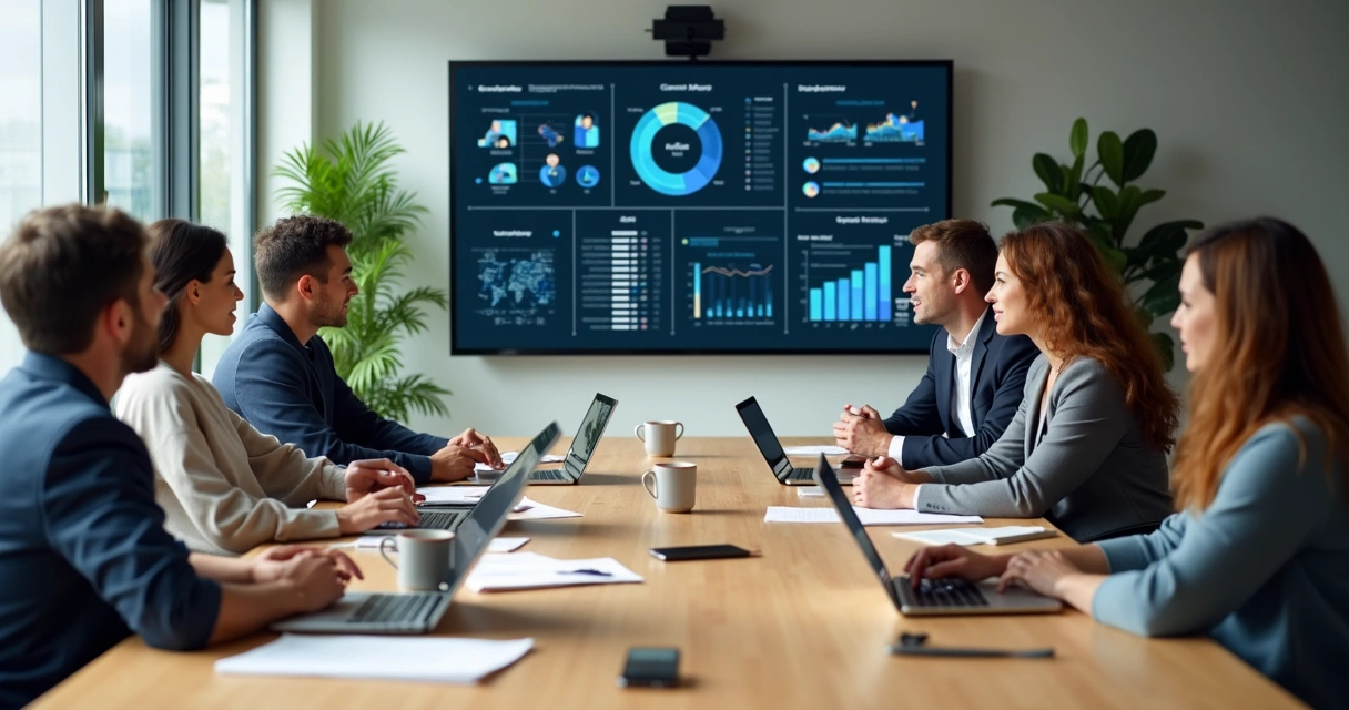 Equipe analisando dados de clientes em sala de reunião moderna 