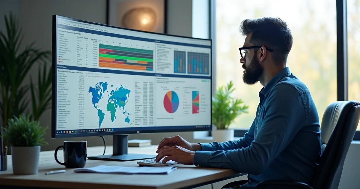 Auditor analisando relatório de backup na tela de computador em ambiente corporativo