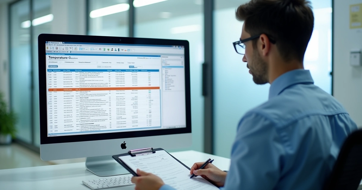 Relatório em tela de computador durante auditoria em laboratório. 