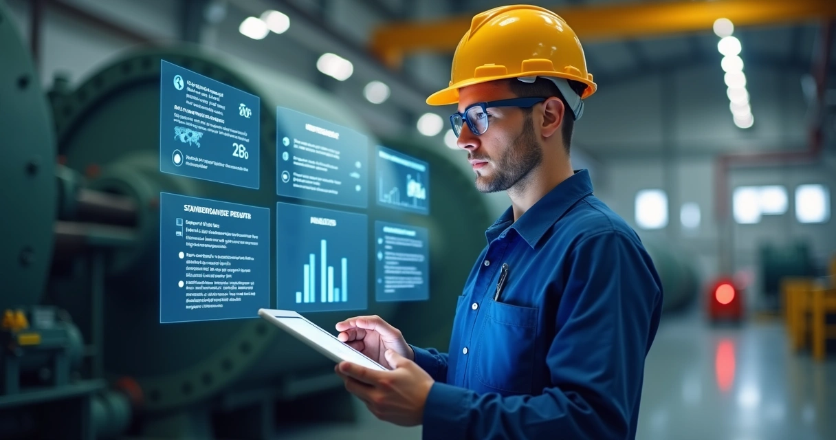 Inspetor de manutenção auditando relatórios em ambiente industrial 