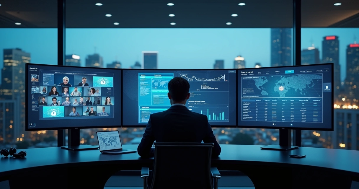 Auditor observando múltiplas telas com videoconferência e painel de IA em ambiente corporativo moderno 