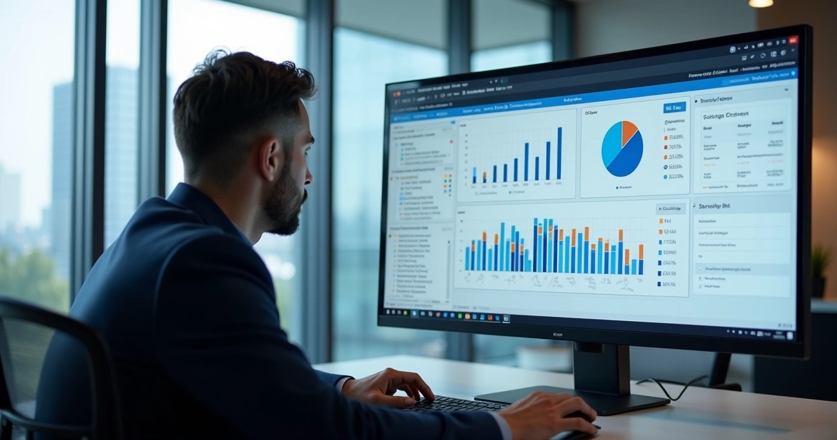 Gestor de serviços analisando relatórios digitais na tela do computador 