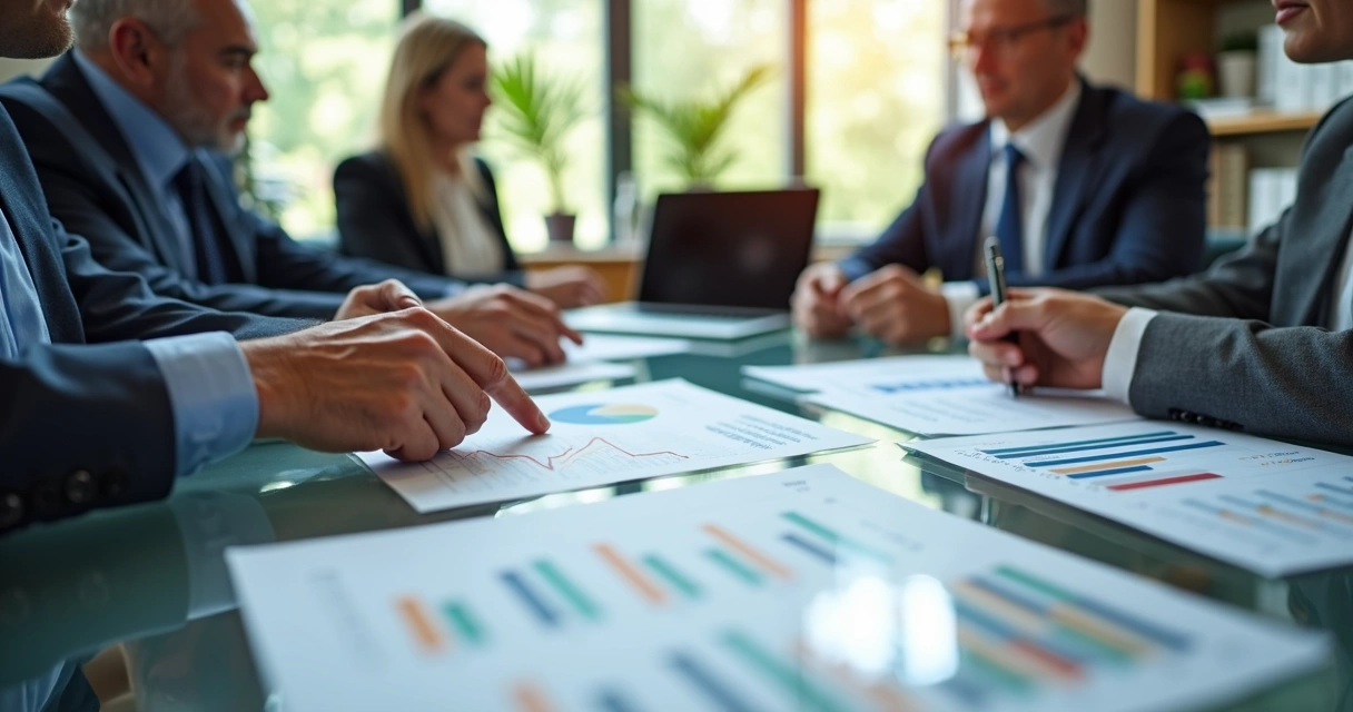 Profissionais analisando relatórios financeiros em reunião corporativa 