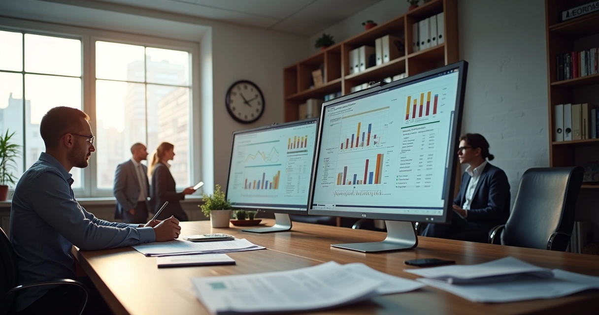 Auditor organizacional avaliando documentos digitais e físicos 