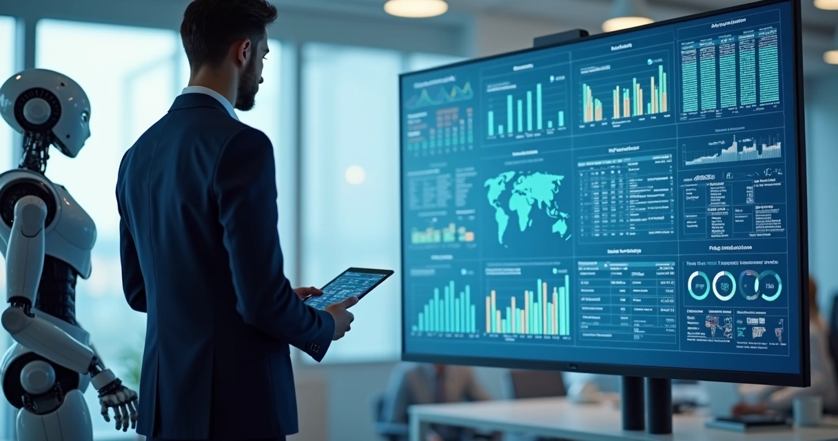 Profissional analisando planilhas digitais com robô ao fundo 