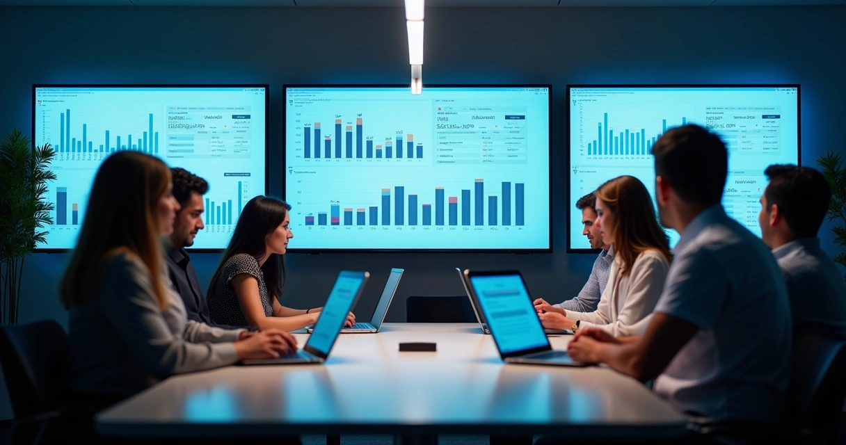 Equipe de TI discutindo gráficos de uso de softwares SaaS na tela