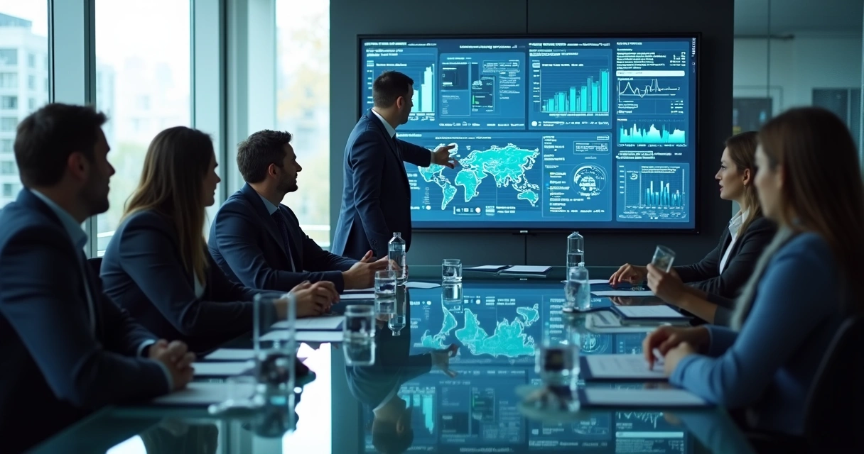 Executivos e especialistas analisando dados de IA em sala de reunião moderna 