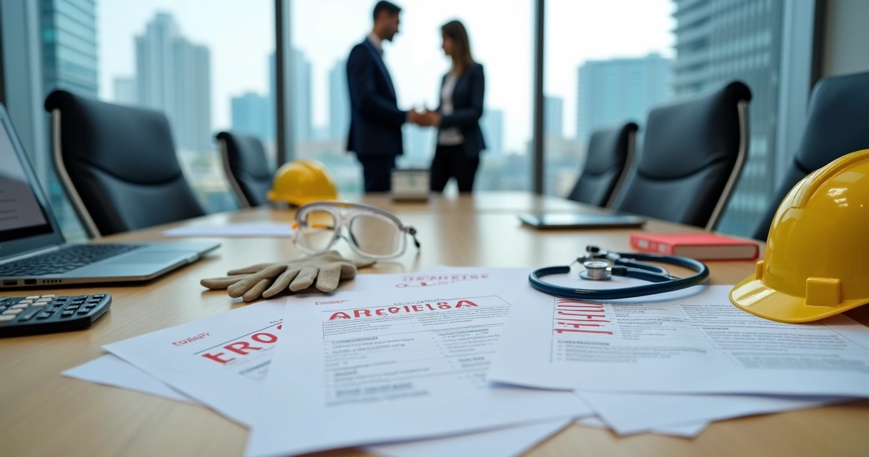 Auditoria em documentos de saúde ocupacional sobre uma mesa de escritório 
