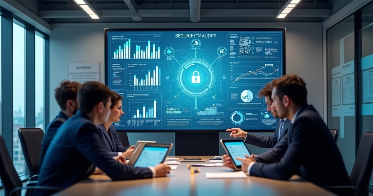 Auditoria digital em escritório contábil com gráficos analisando riscos de segurança 