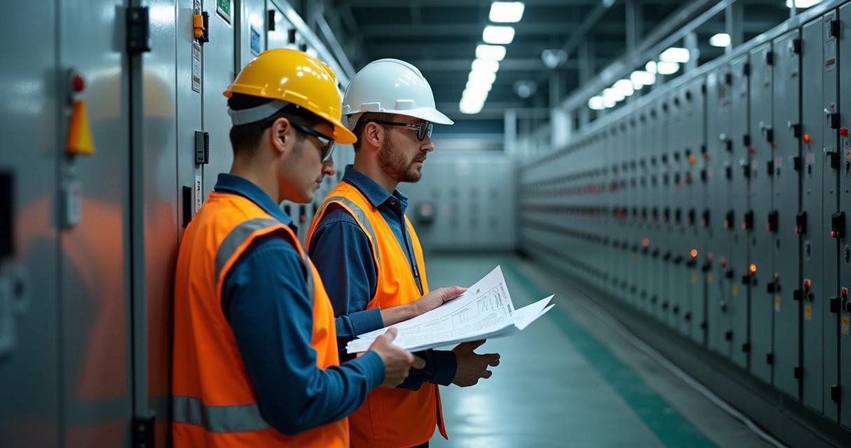 Auditoria de segurança elétrica em chão de fábrica com técnicos 