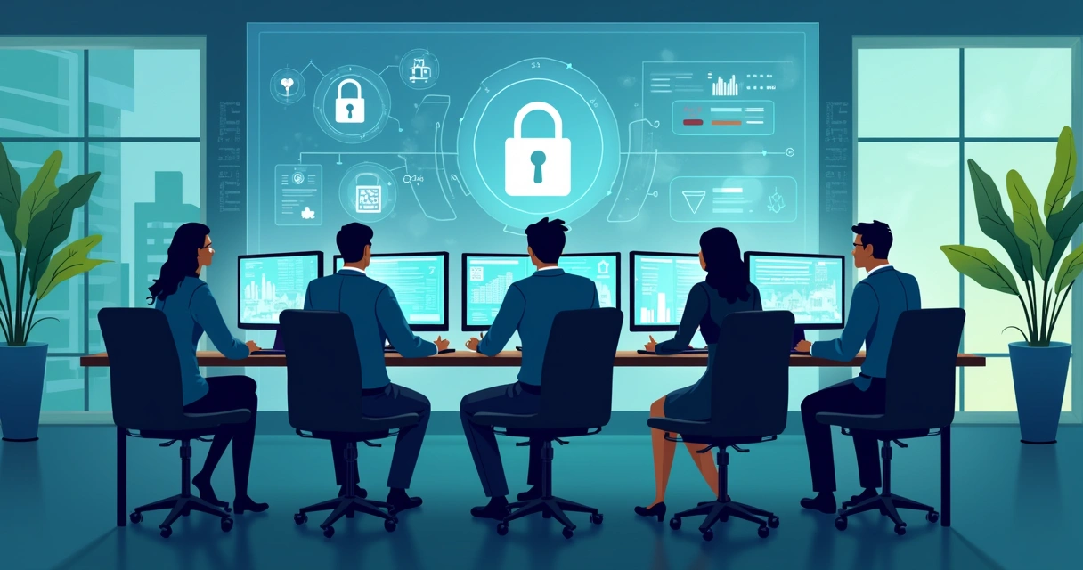 Equipe auditando sistemas de segurança digital em computadores 