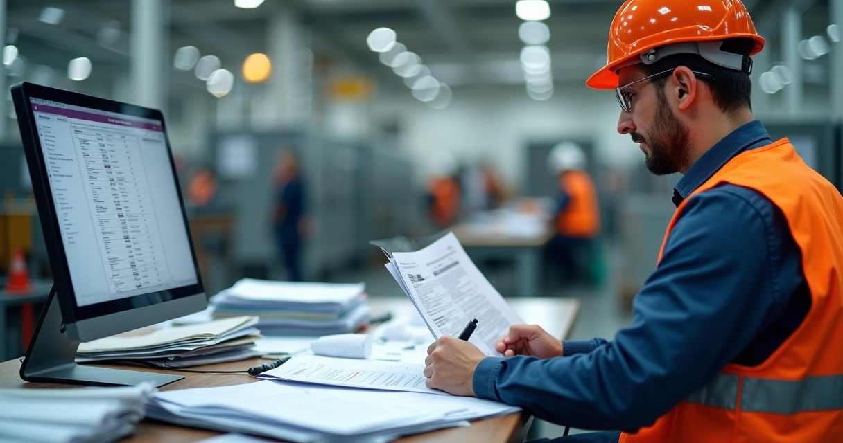 Auditor de segurança analisando documentos em uma indústria 