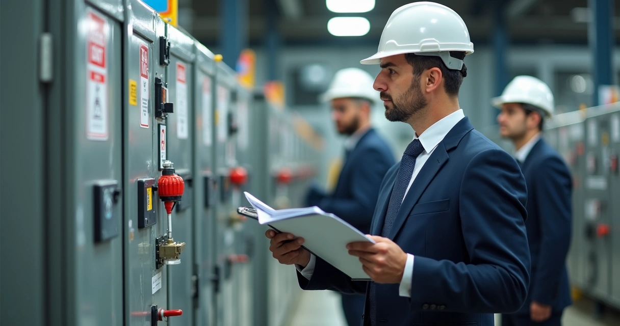 Auditor de segurança revisando processos elétricos industriais