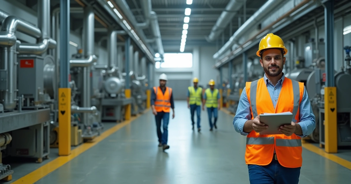 Auditor de segurança inspecionando área industrial com sinais de risco 