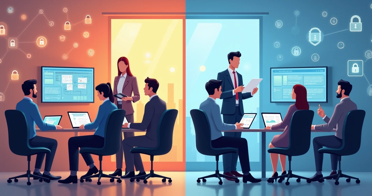 Comparação visual entre auditoria de segurança interna e terceirizada em ambiente corporativo 