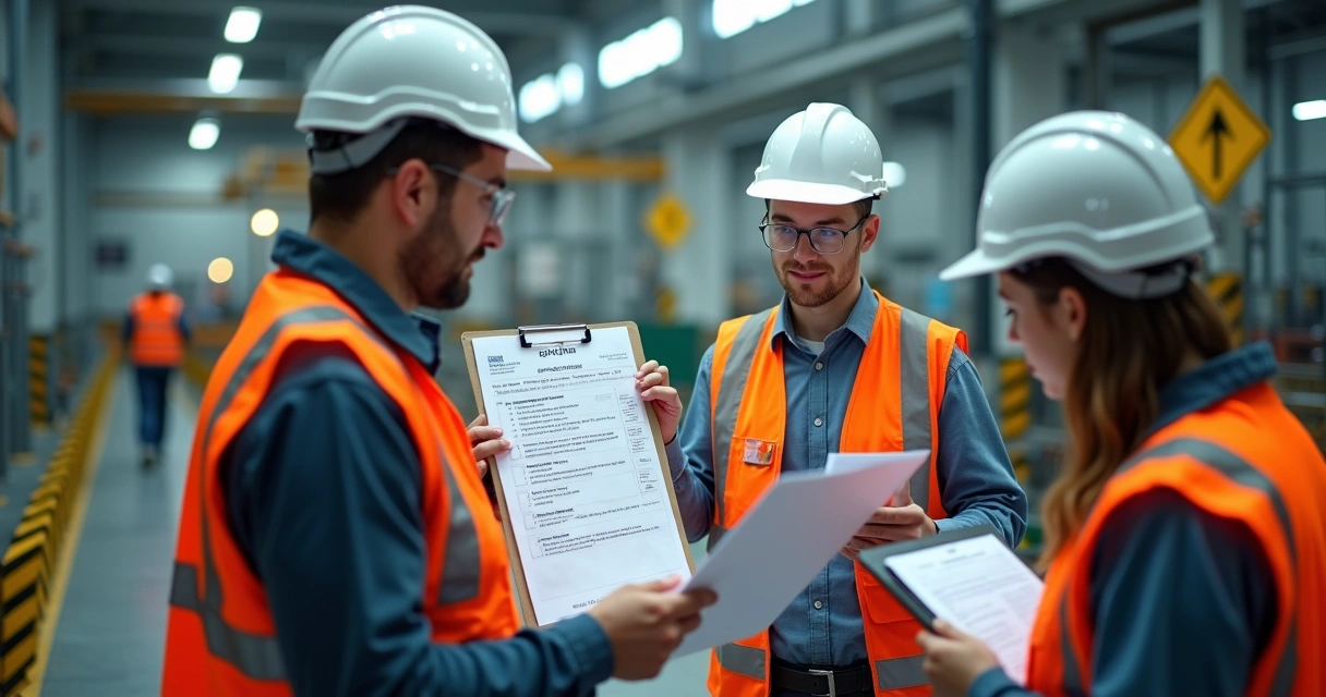 Técnicos em segurança do trabalho analisando checklist durante auditoria ISO 45001 em ambiente industrial moderno 