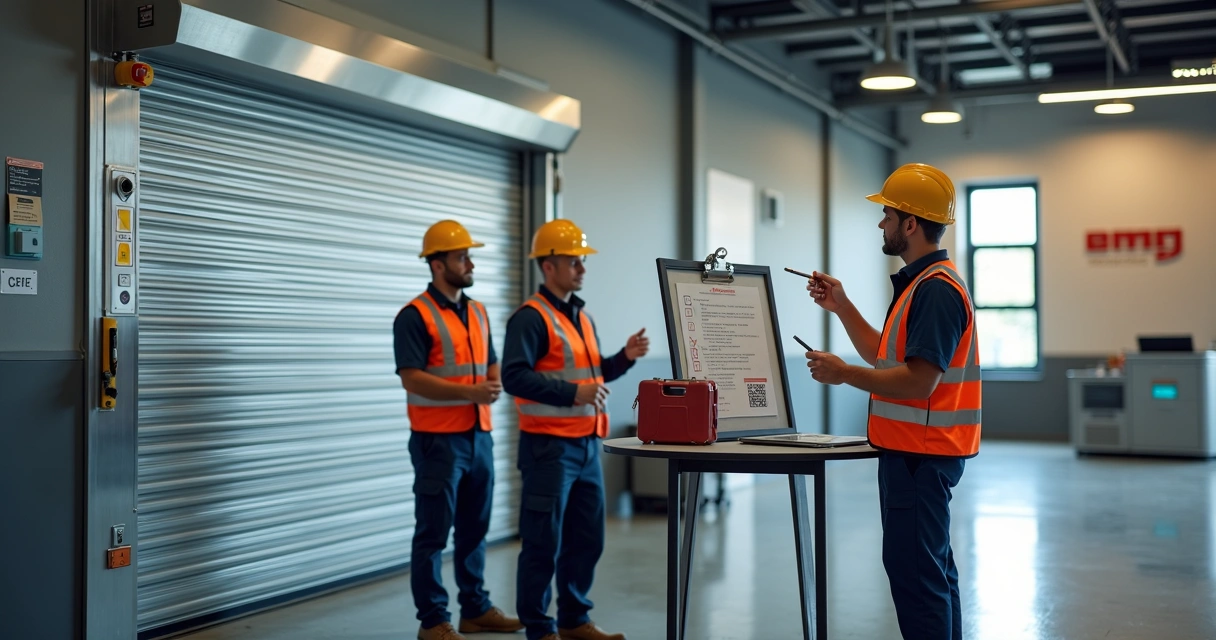 Equipe inspecionando porta automática metálica em empresa moderna 