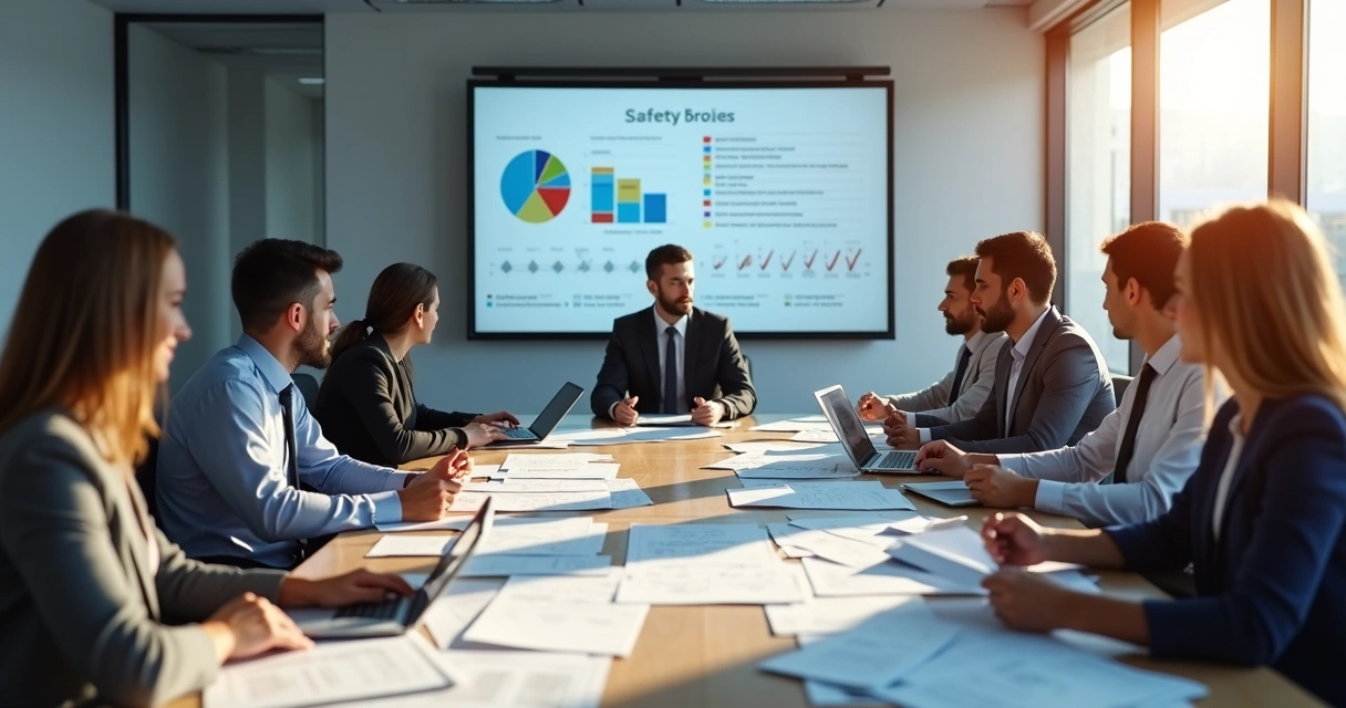 Equipe avalia documentos de segurança do trabalho em sala de reunião