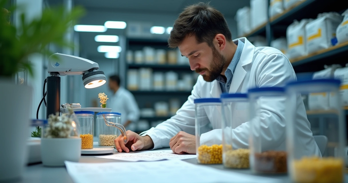 Engenheiro agrônomo analisando sementes em laboratório 