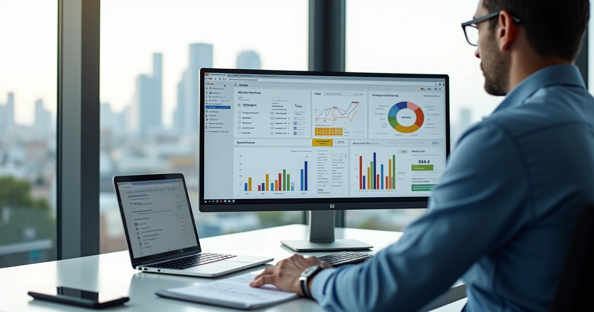 Profissional analisando auditoria SEO em tela com gráficos e métricas 