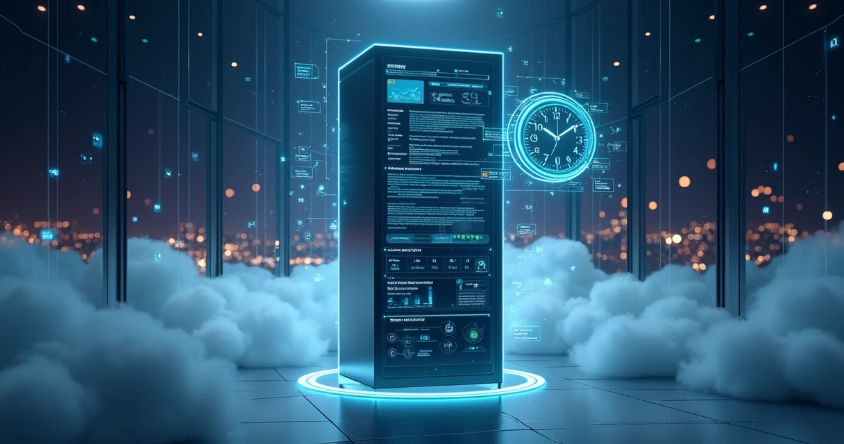 Servidor em nuvem com relógio digital representando auditora de SEO técnico 