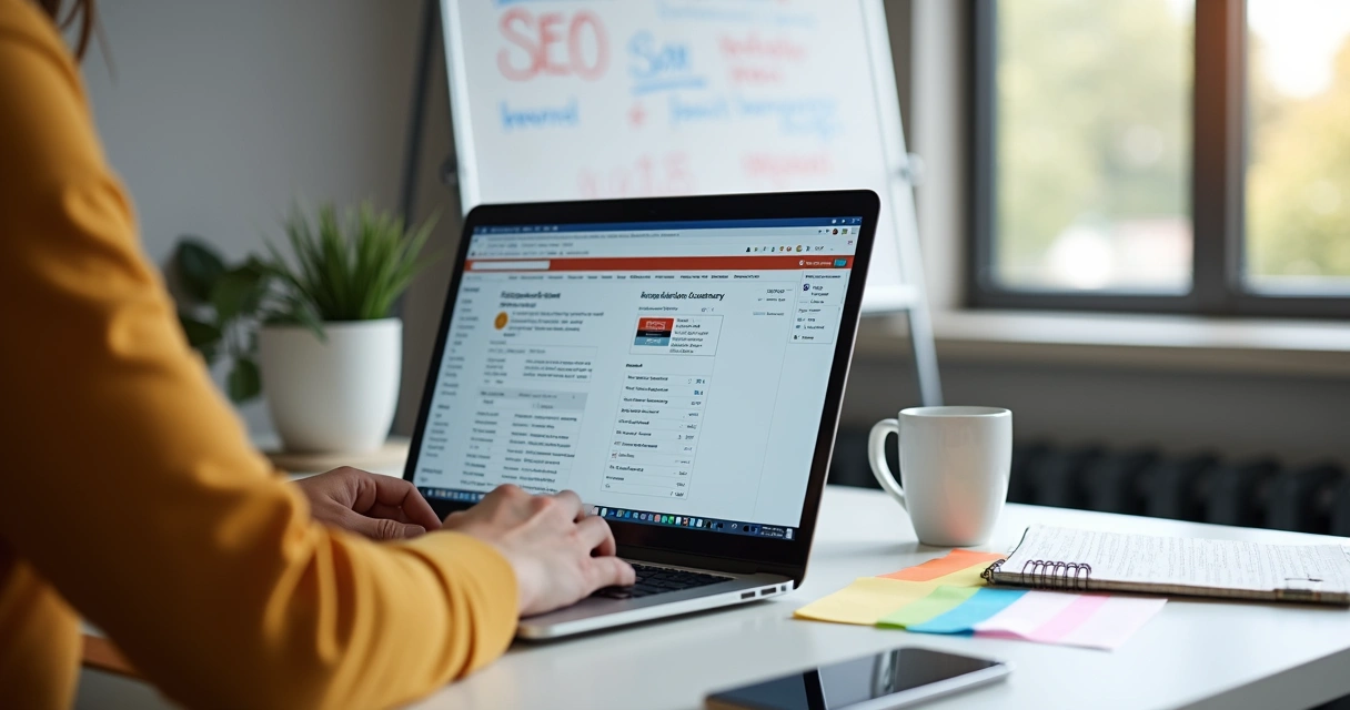 Analista verificando relatórios de SEO em um notebook 